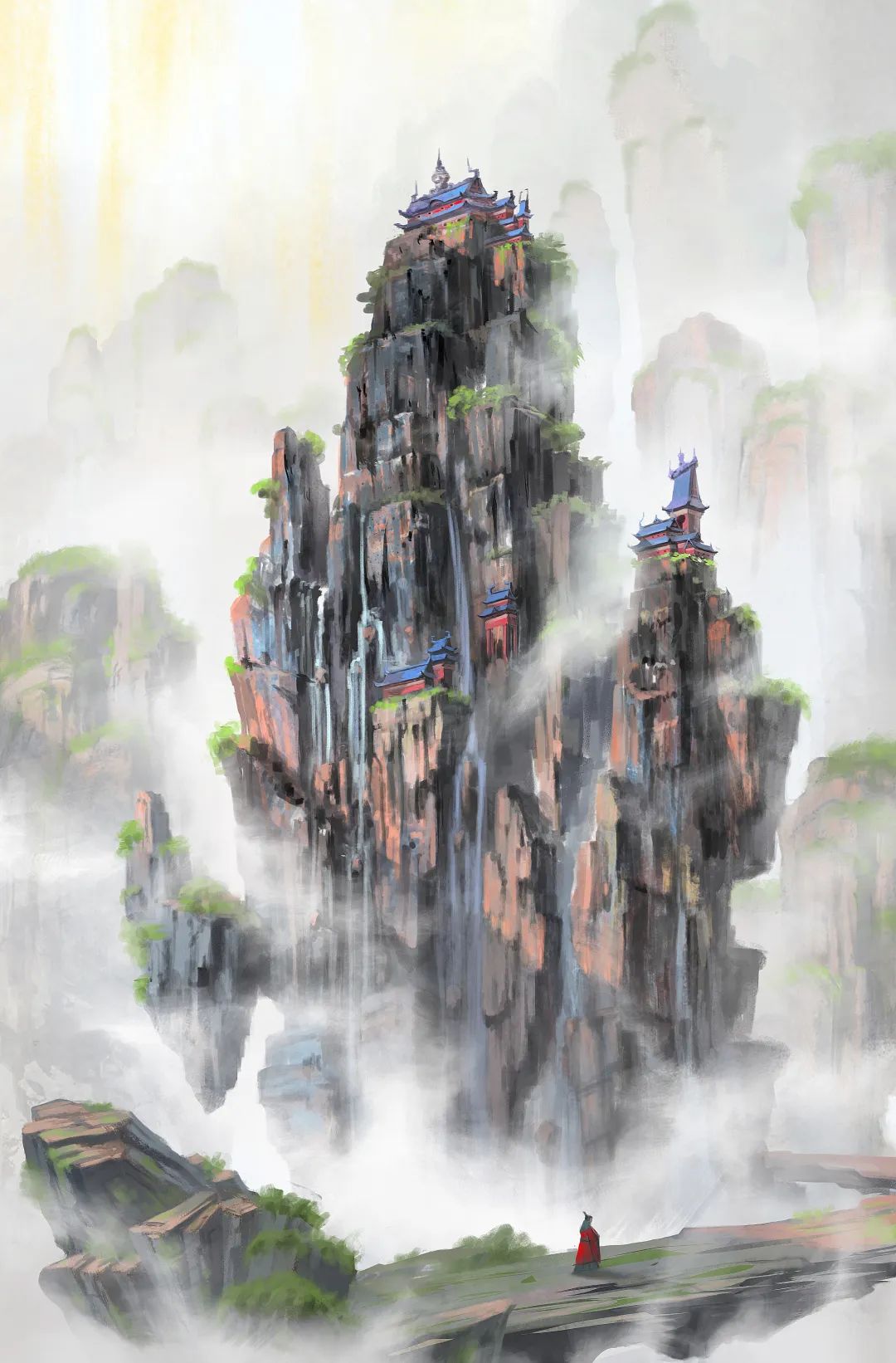 圖為具有中國(guó)審美意蘊(yùn)的科幻插圖，①③為著名科幻插畫師趙恩哲所繪制的《紅岸基地日落》《云嵐山》；②為青年科幻插畫師繪制的《三日凌空》