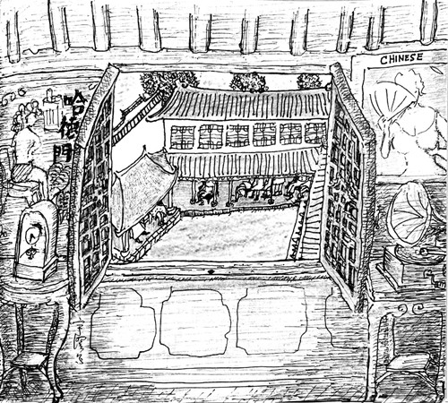 樓下說書，聽書。樓上的情況，不清楚，很多事情如此