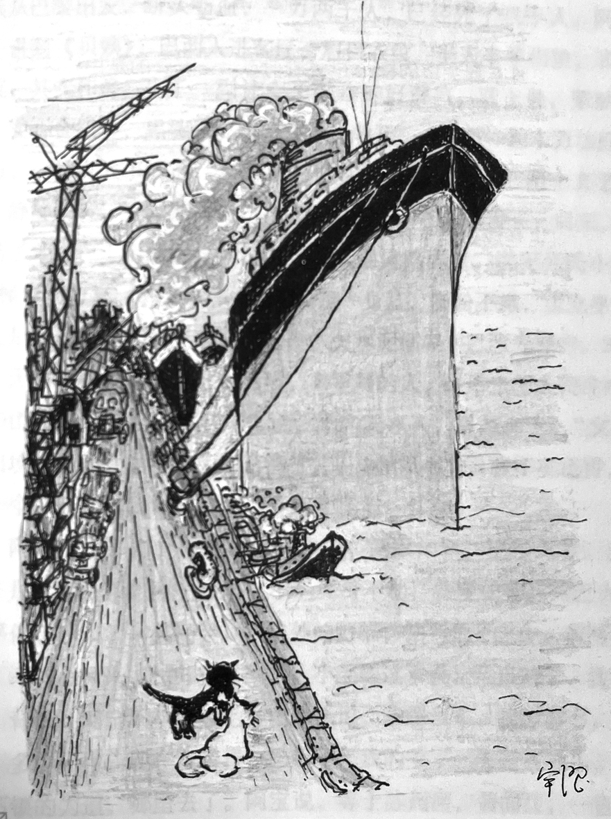 文中提到一動不動的江鷗，我始終找不準位置，畫在哪里才好，最后，就這樣了