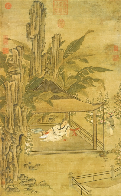 中國畫《山亭納涼圖》，作者為明代周臣。  臺北故宮博物院藏