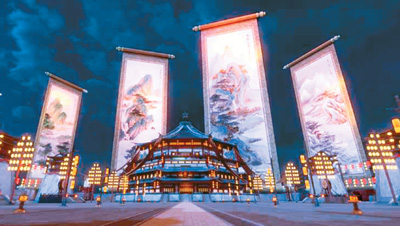 《唐宮夜宴》展覽中，含元殿外景。 　　出品方供圖