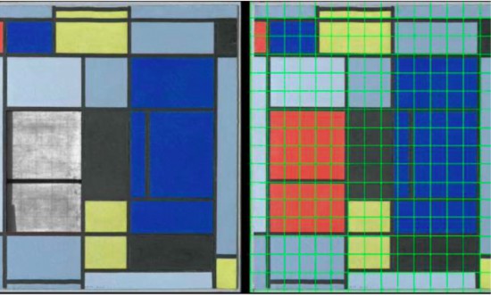 左：紅色矩形層下可見用鉛筆和尺子繪制的嚴格而規(guī)矩的網(wǎng)格；右：從紅色矩形延伸出的網(wǎng)格與現(xiàn)有比例重合。